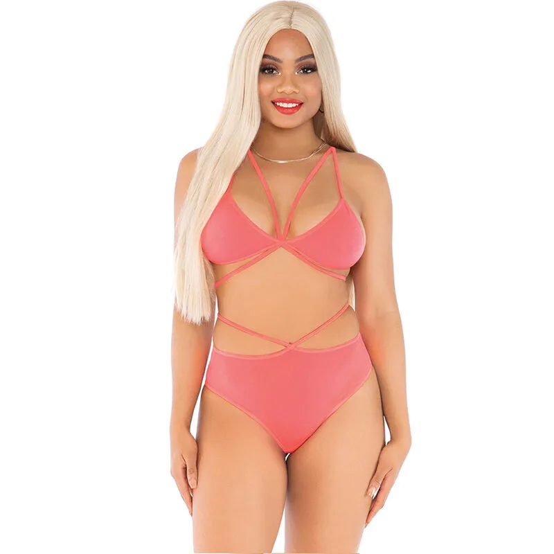 Leg Avenue - Strappy Cage Bra Top & Panties Set in Coral