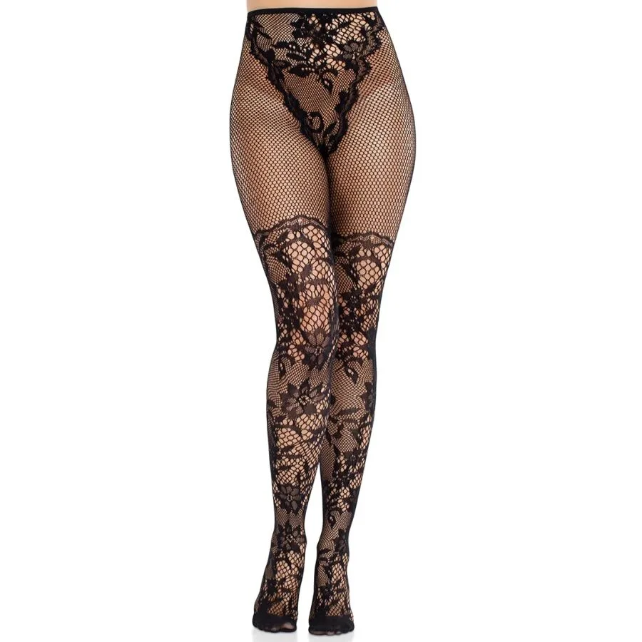 Leg Avenue - Dahlia Lace Stockings with Fishnet Detail | Black